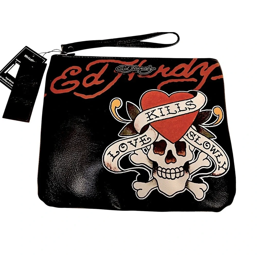 NEW! Ed Hardy Wristlet Zip Clutch Black Moto Purse Skull Roses Punk Skater‎ Love